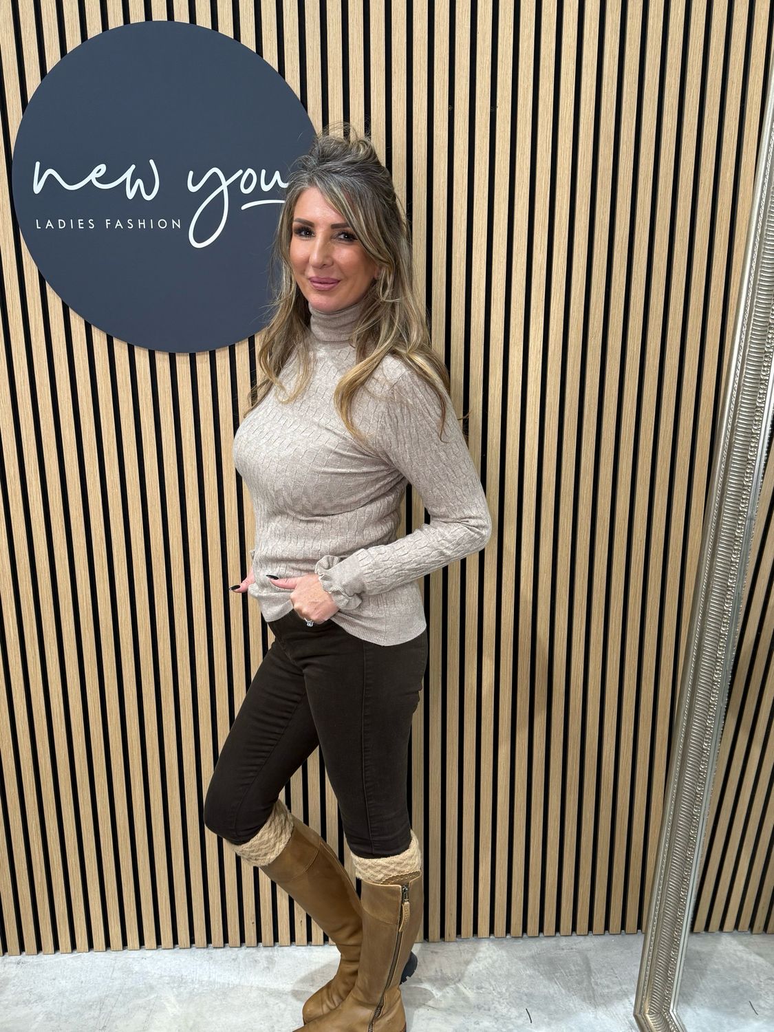 Textured Roll Neck Jumper - Taupe