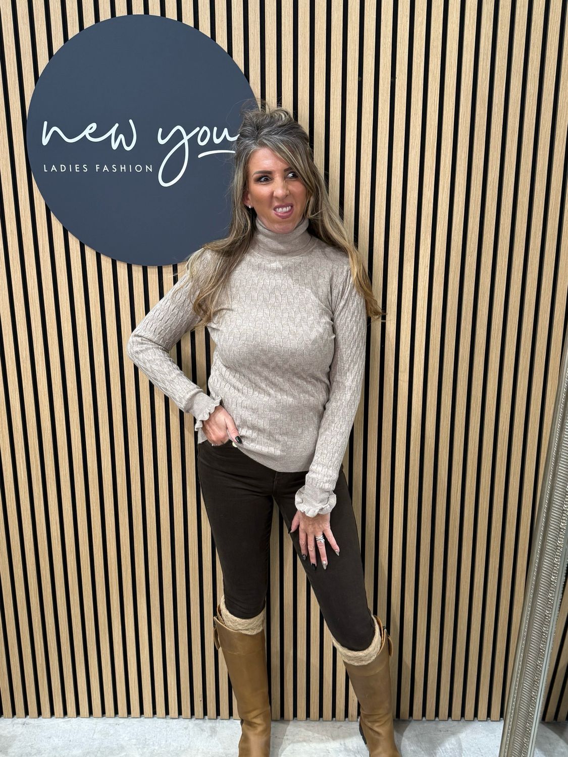 Textured Roll Neck Jumper - Taupe