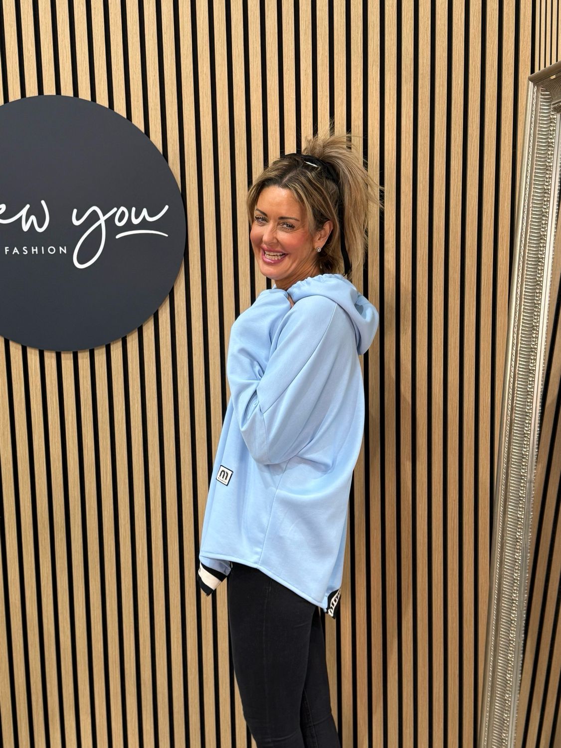 Relaxed Hooded Jumper With Contrast Hem- Baby Blue