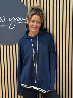 Relaxed Hooded Jumper With Contrast Hem - Navy