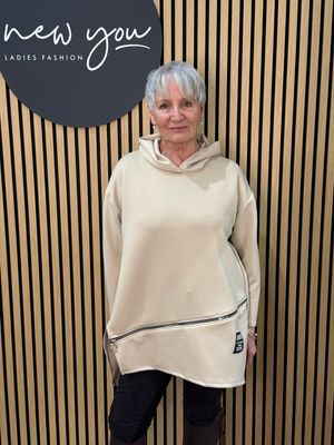 Longline Zip Detail Hoodie - Cream