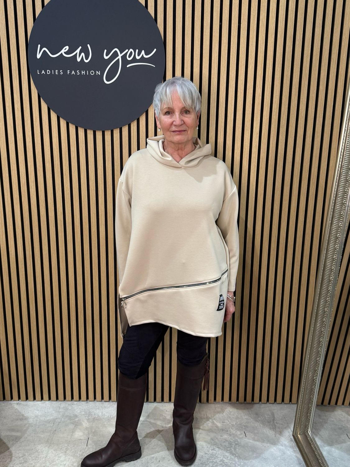 Longline Zip Detail Hoodie - Cream