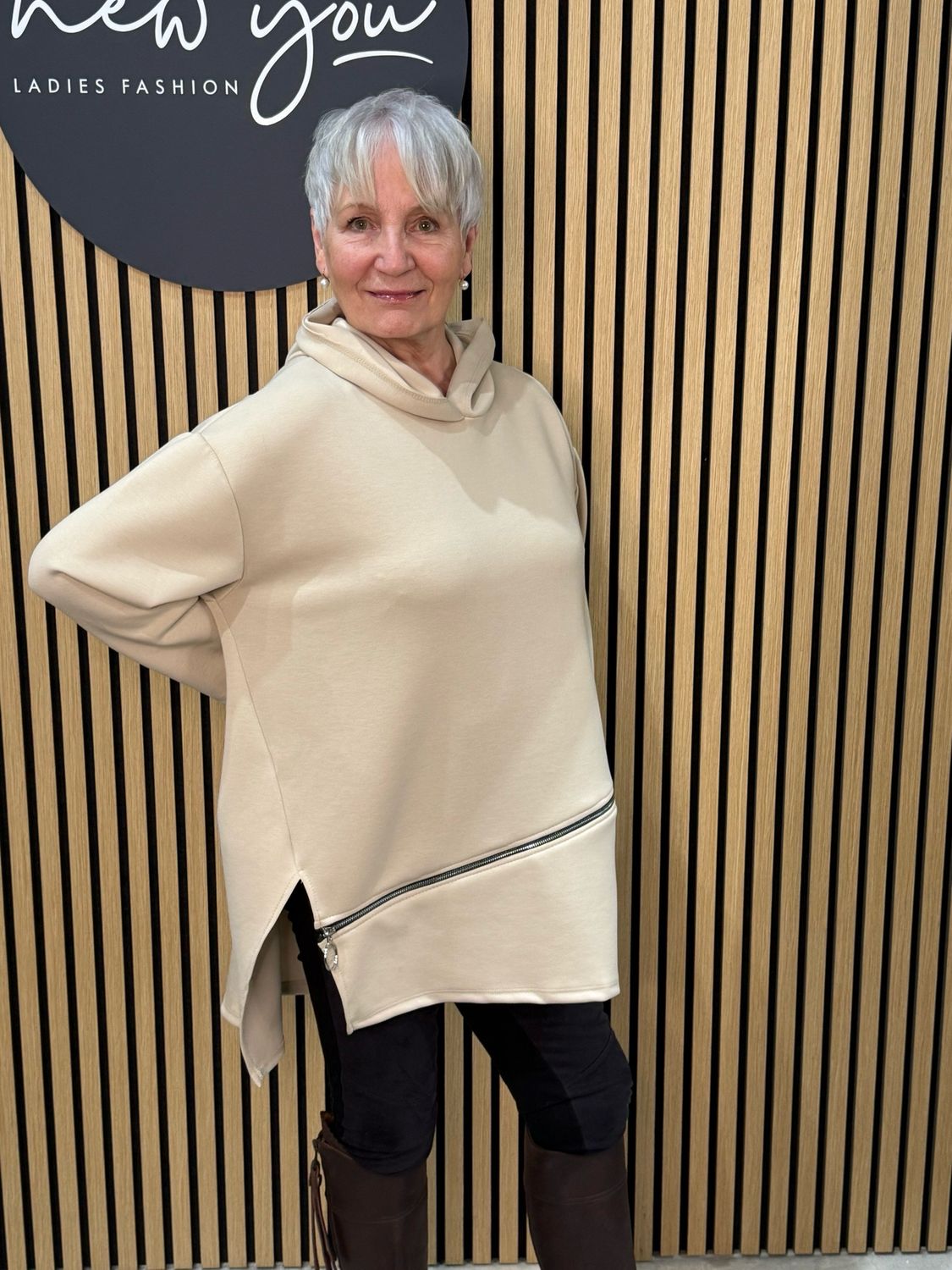 Longline Zip Detail Hoodie - Cream