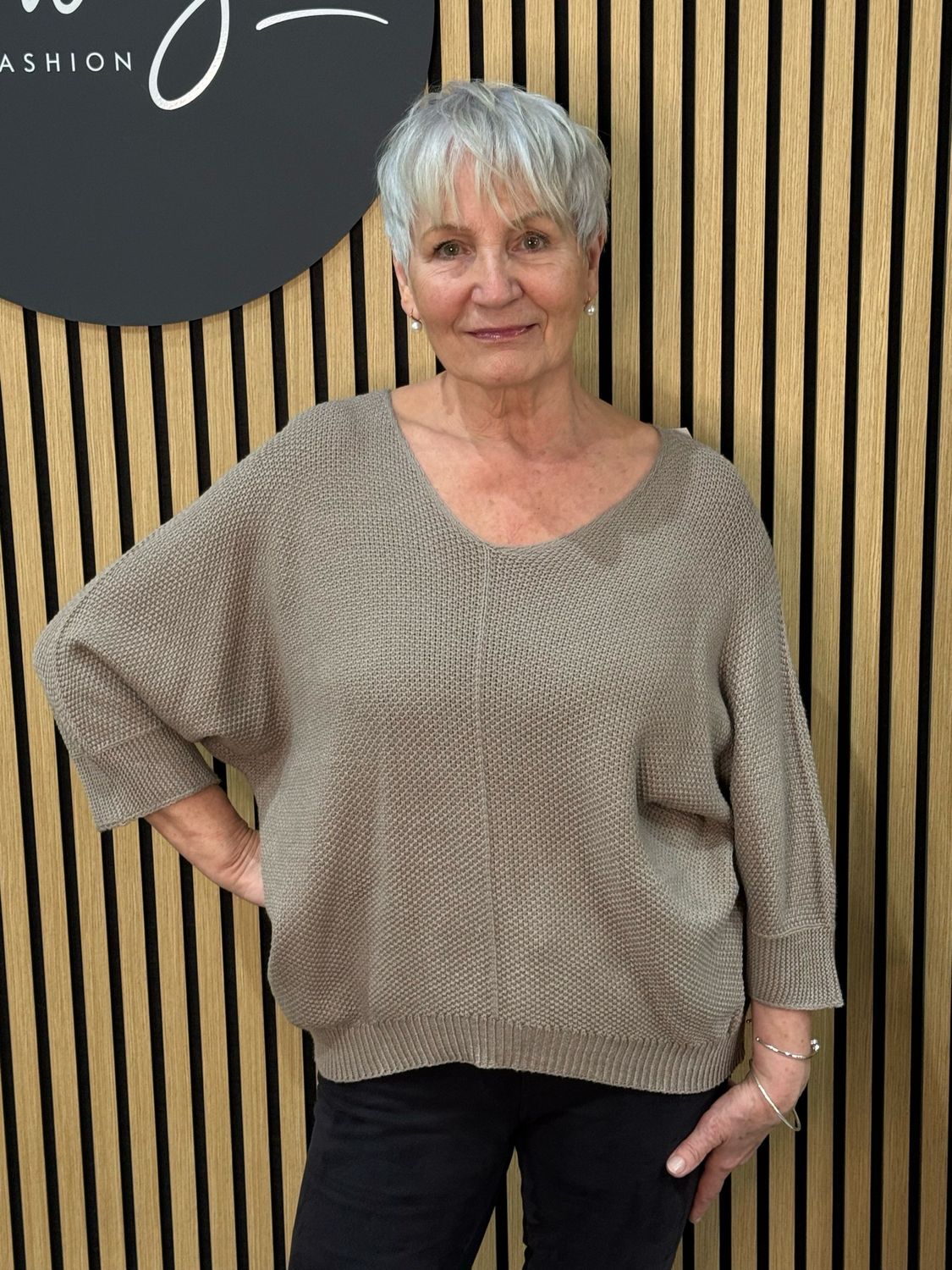 Textured V-Neck Knit Jumper - Taupe