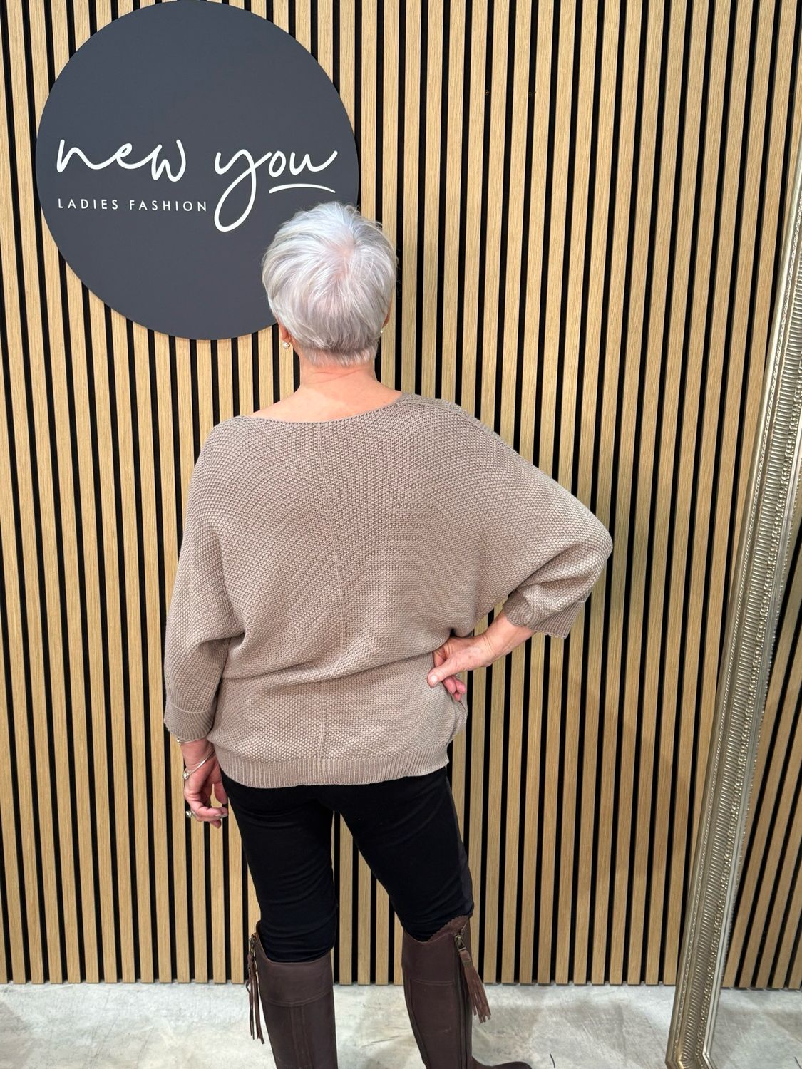Textured V-Neck Knit Jumper - Taupe