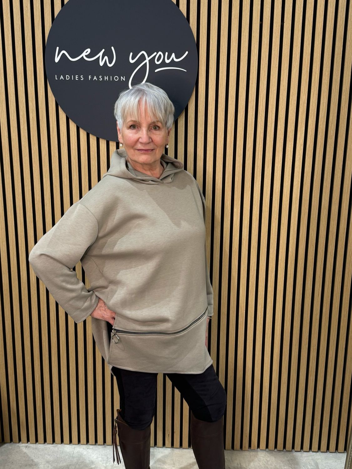 Longline Zip Detail Hoodie - Taupe