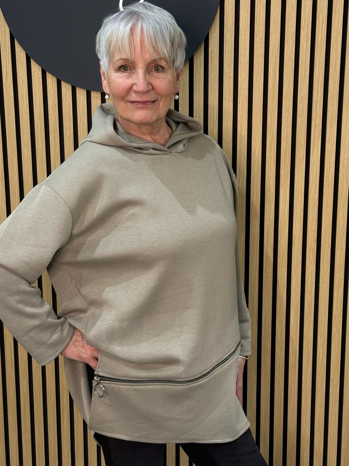 Longline Zip Detail Hoodie - Taupe