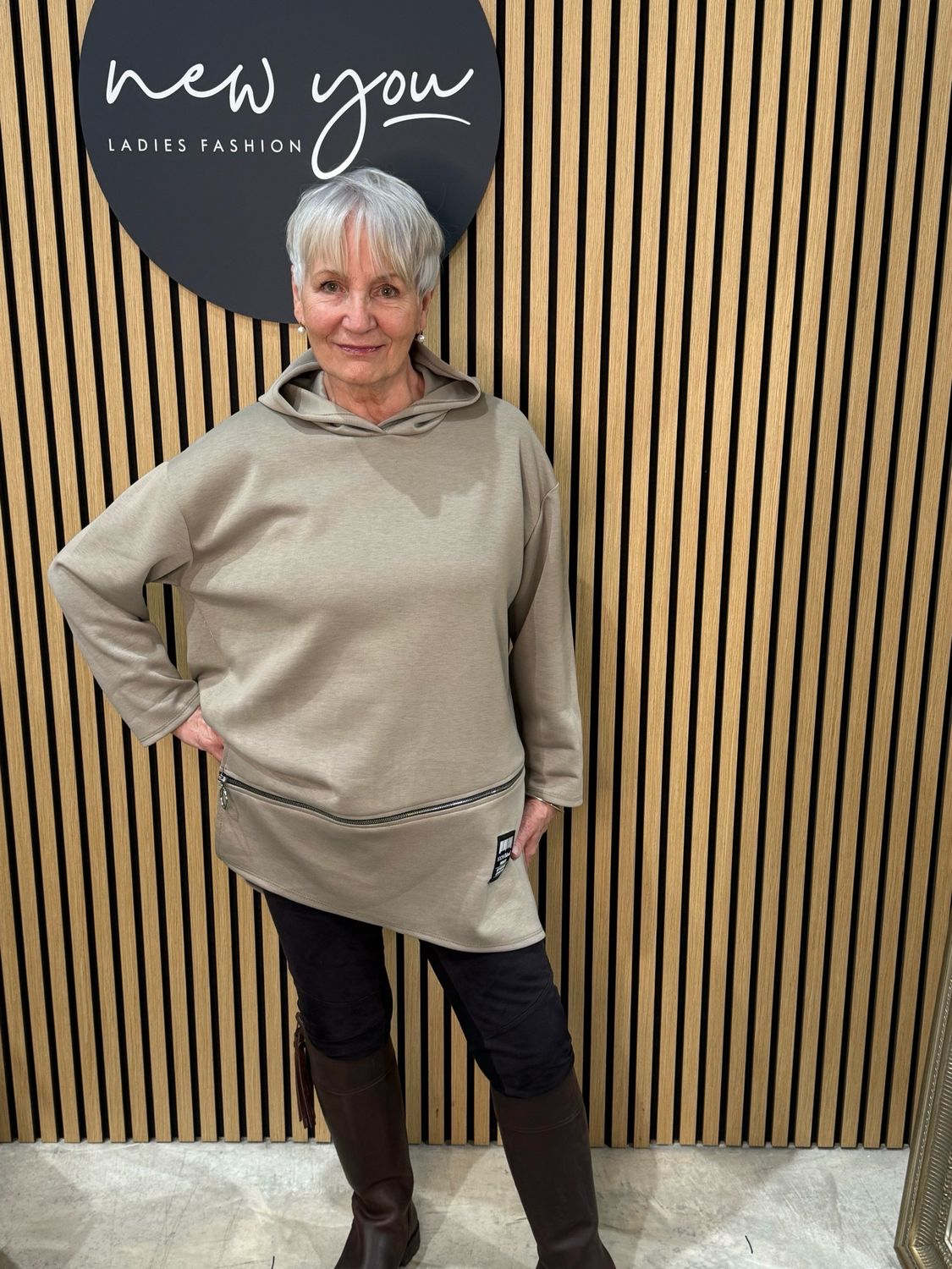 Longline Zip Detail Hoodie - Taupe