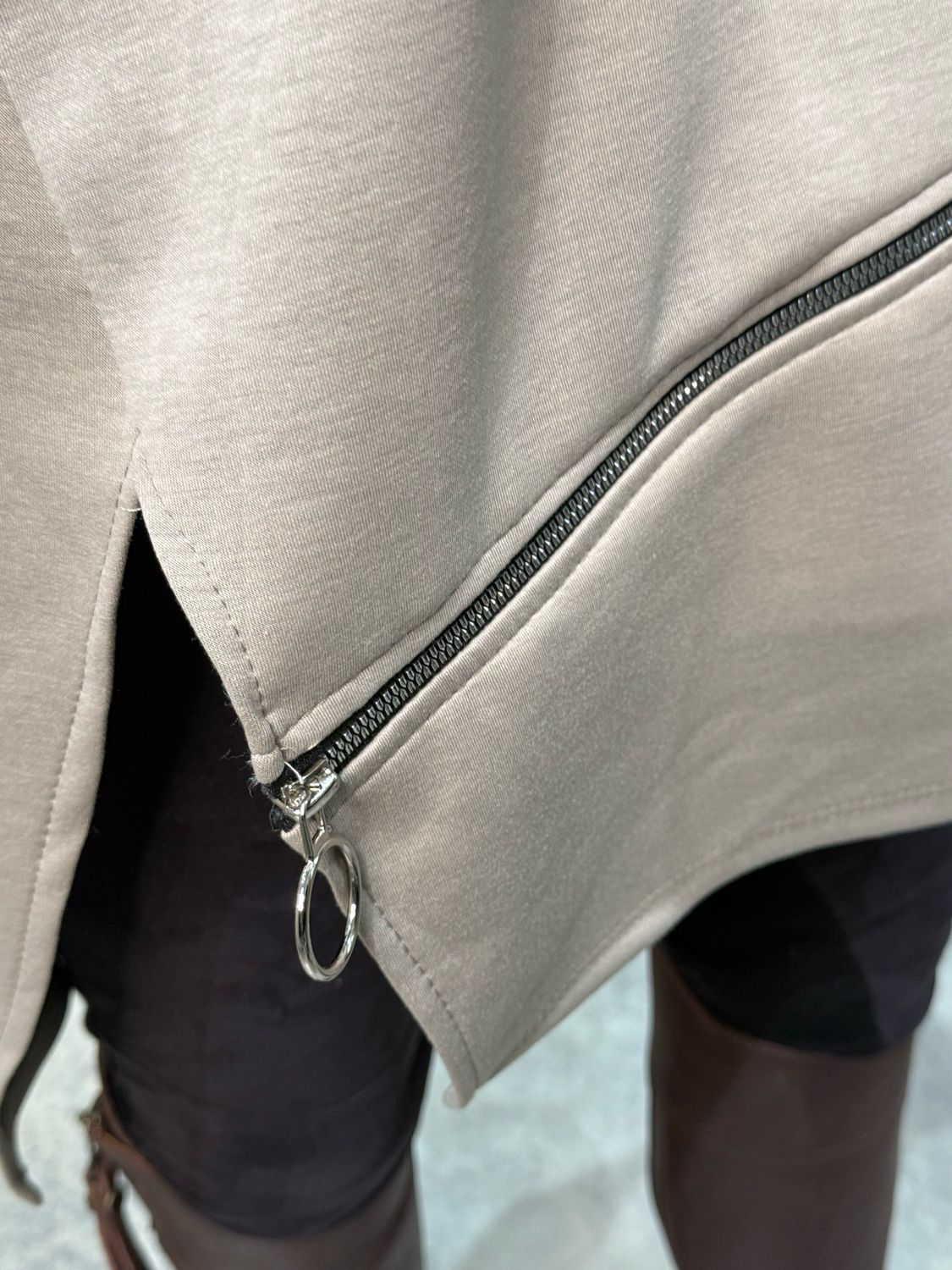 Longline Zip Detail Hoodie - Taupe