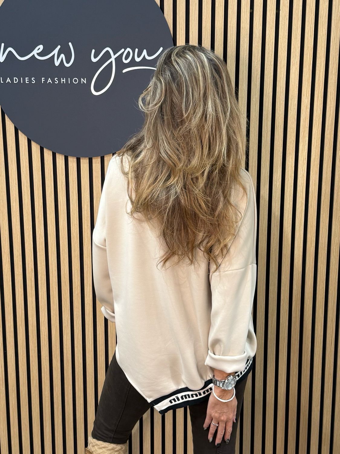 Relaxed Hooded Jumper With Contrast Hem - Beige