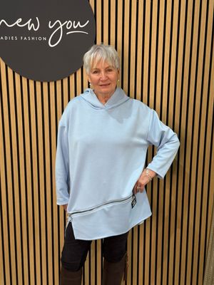 Longline Zip Detail Hoodie - Baby Blue