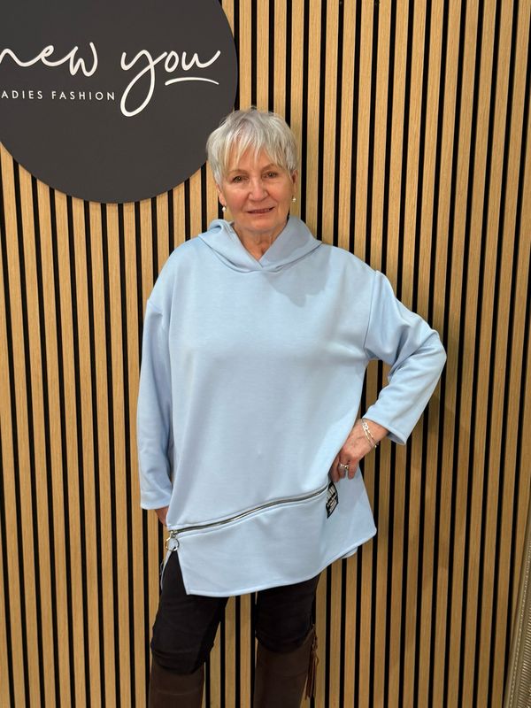 Longline Zip Detail Hoodie - Baby Blue