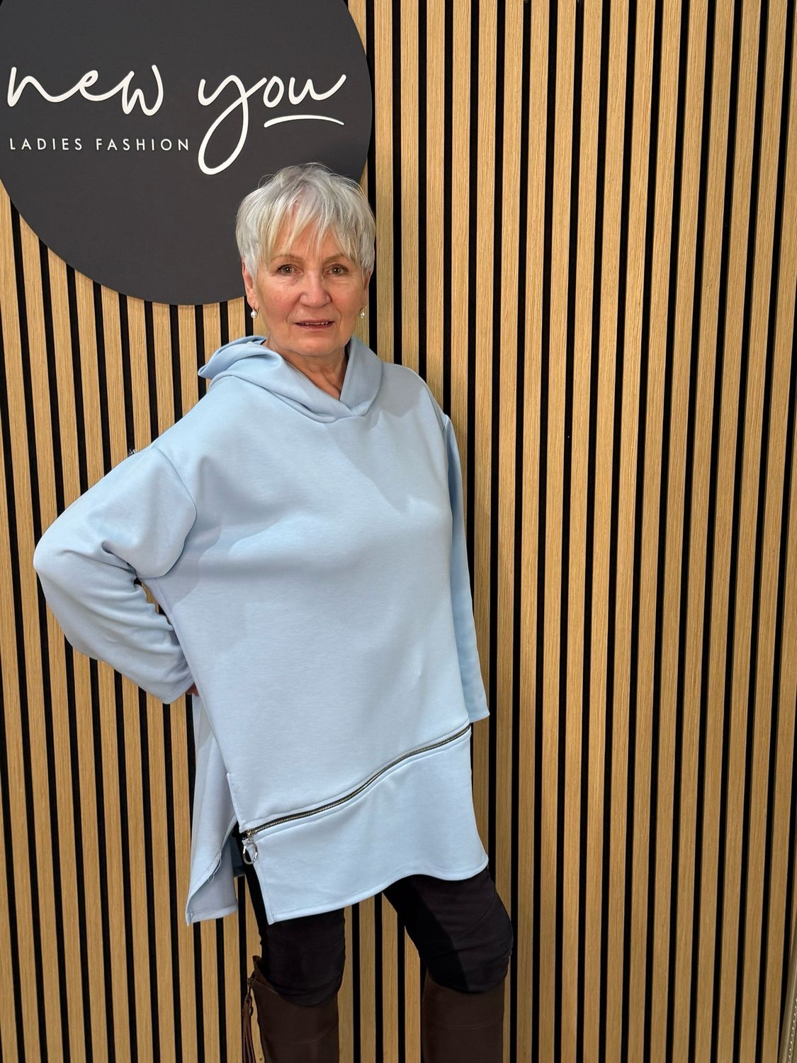 Longline Zip Detail Hoodie - Baby Blue