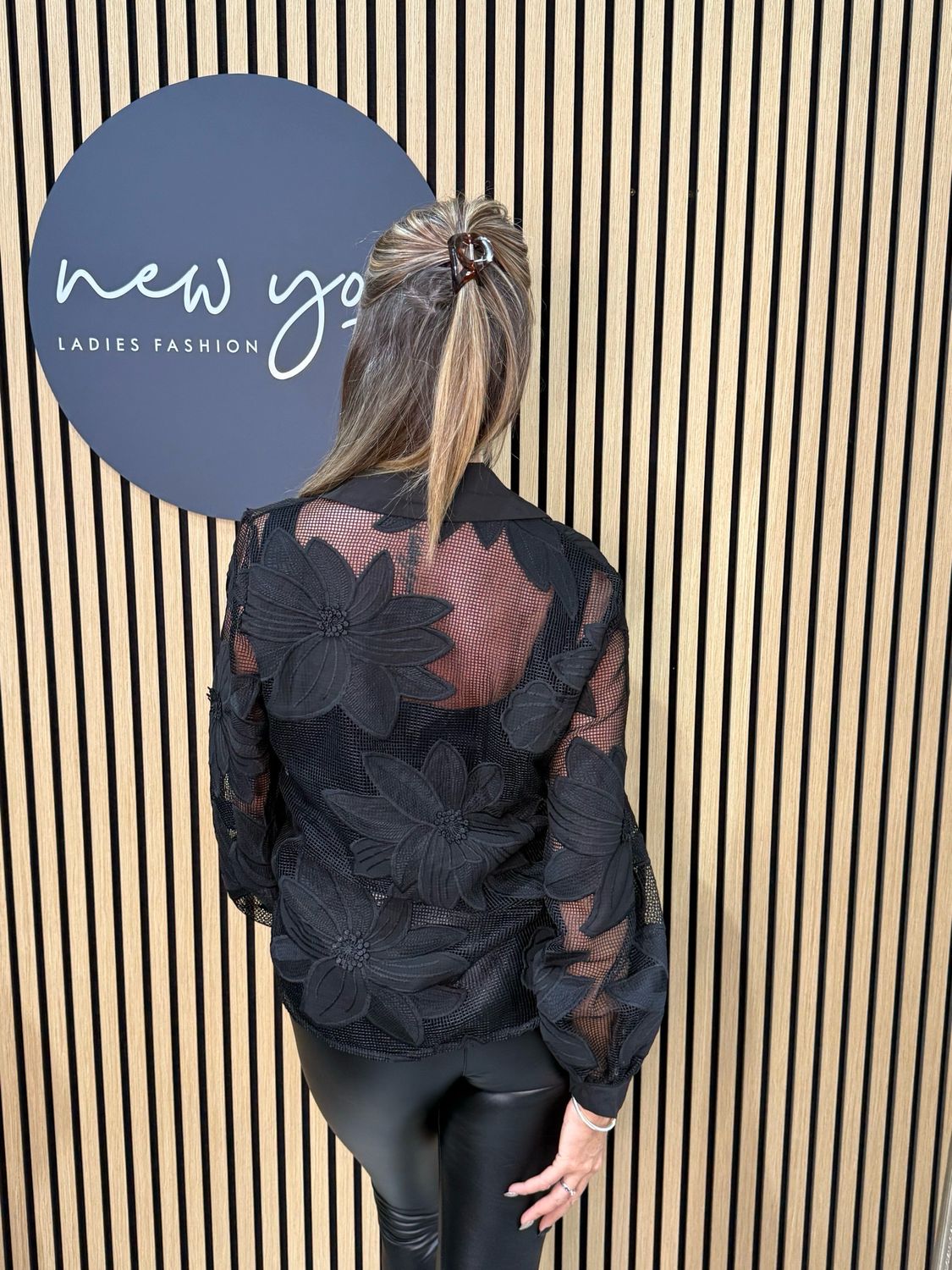 Floral Mesh Button Top - Black