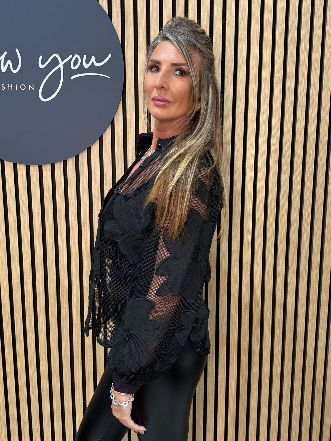 Floral Mesh Button Top - Black