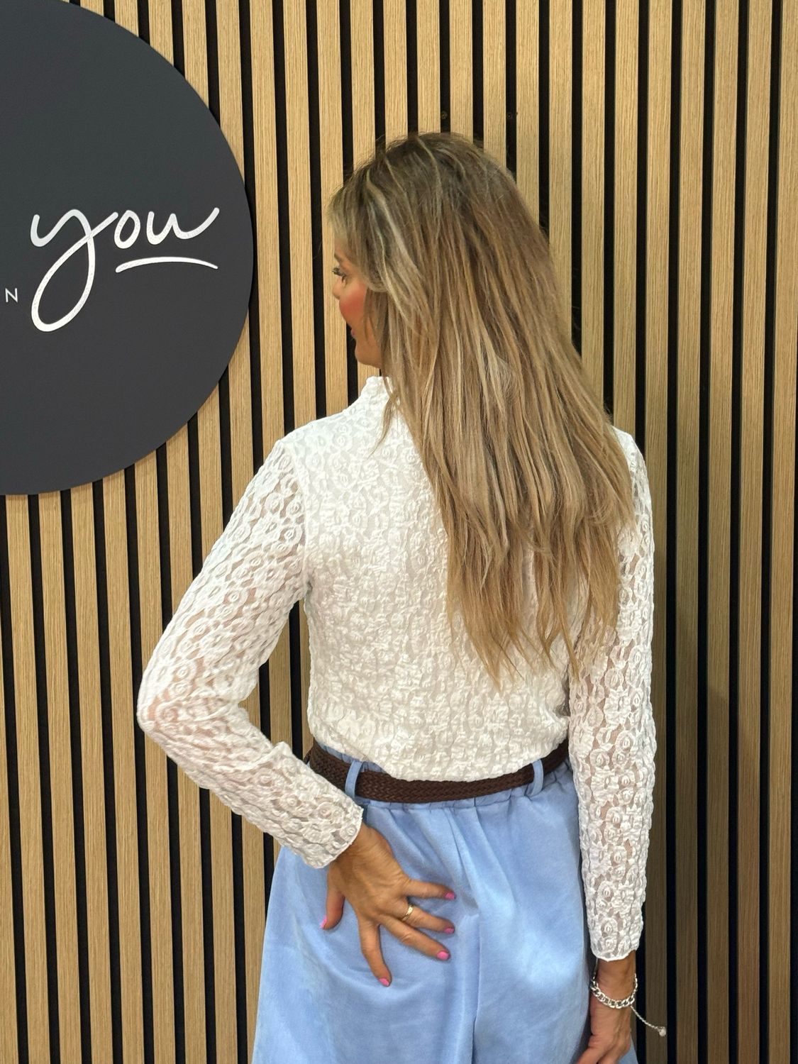 Lace High Neck Long Sleeve Top - White