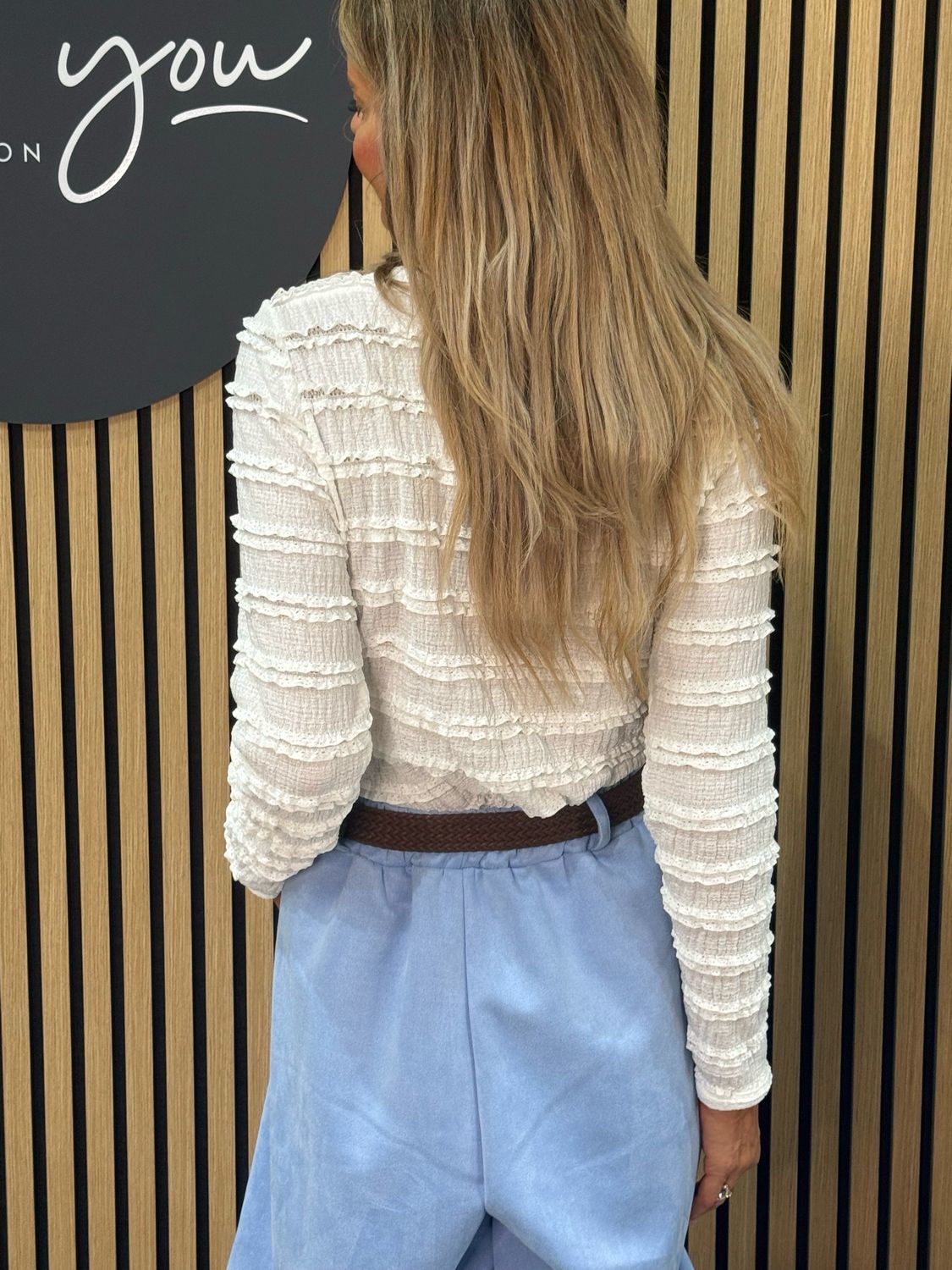 Textured Frill Stripe Top - White