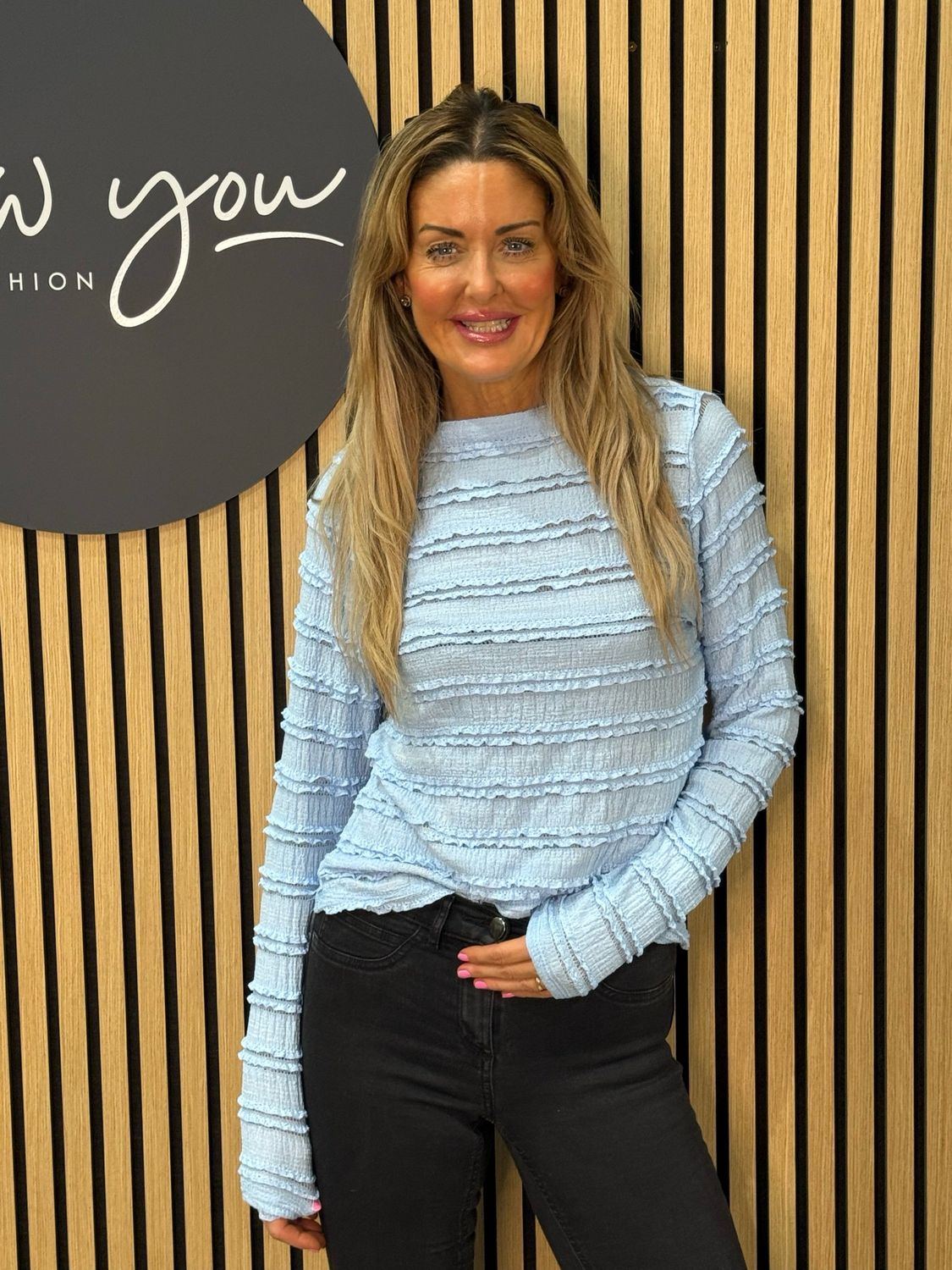 Textured Frill Stripe Top - Baby Blue