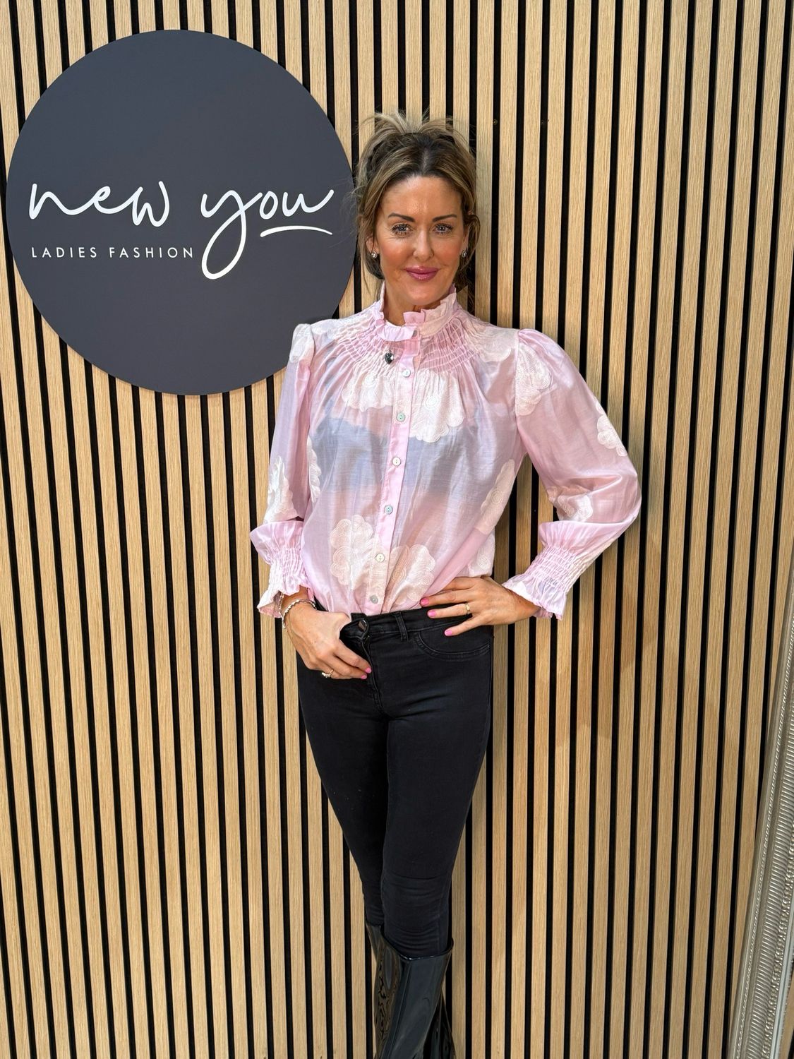 Embroidered High Neck Blouse - Pink