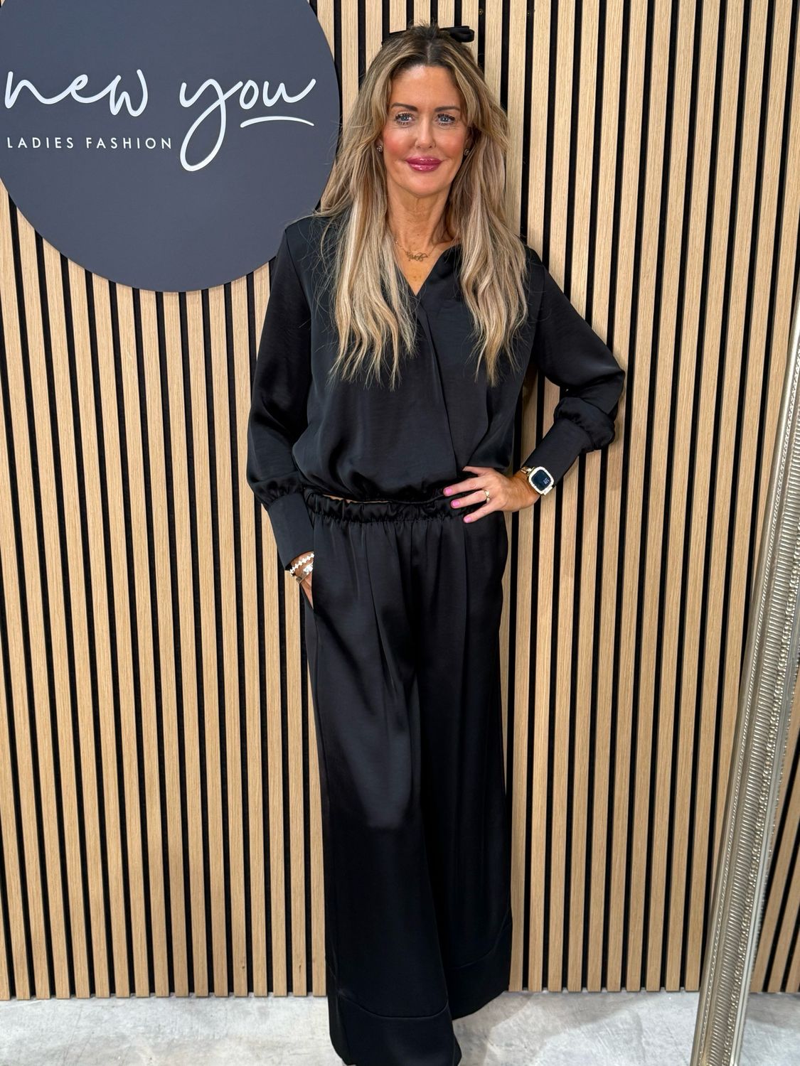 Satin Style Wide Leg Trousers - Black