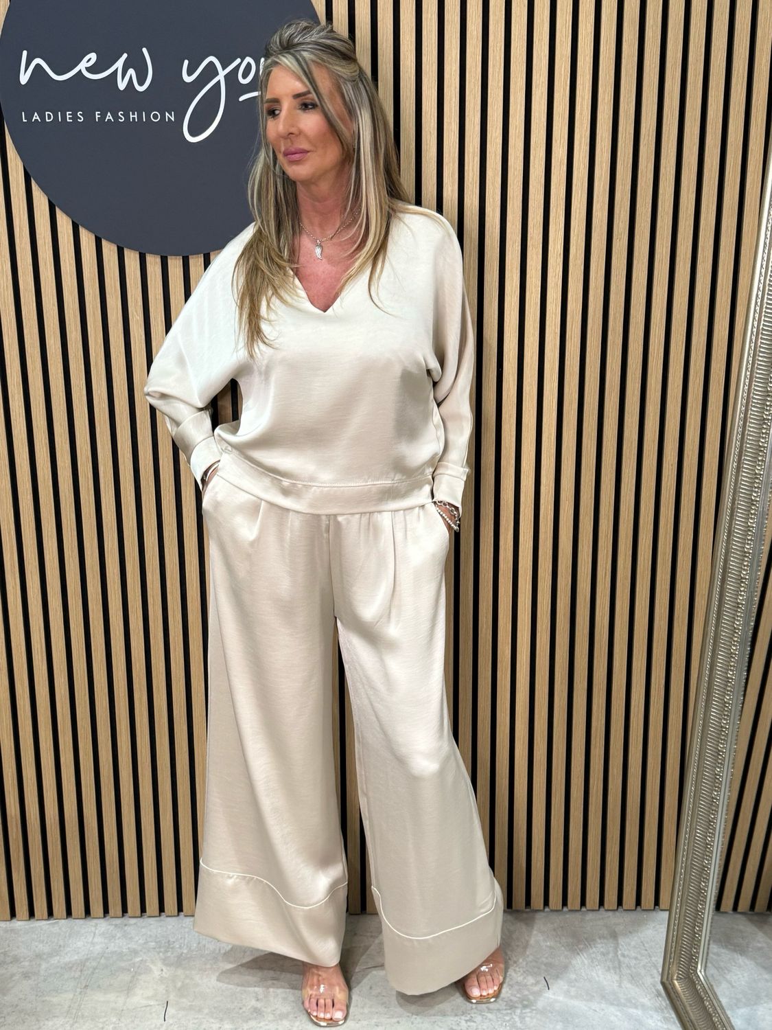 Satin Style Wide Leg Trousers - Champagne