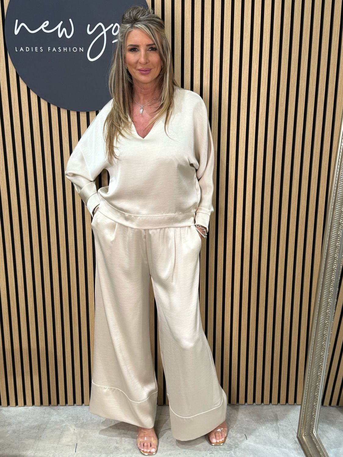 Satin Style Wide Leg Trousers - Champagne