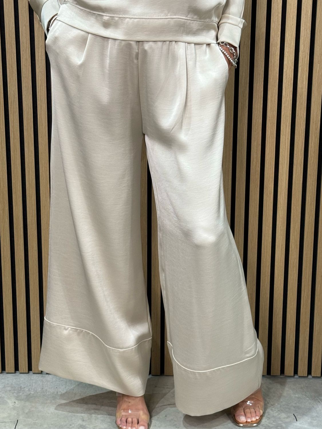 Satin Style Wide Leg Trousers - Champagne