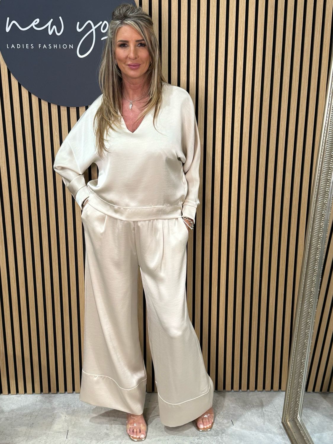 Satin Style Wide Leg Trousers - Champagne