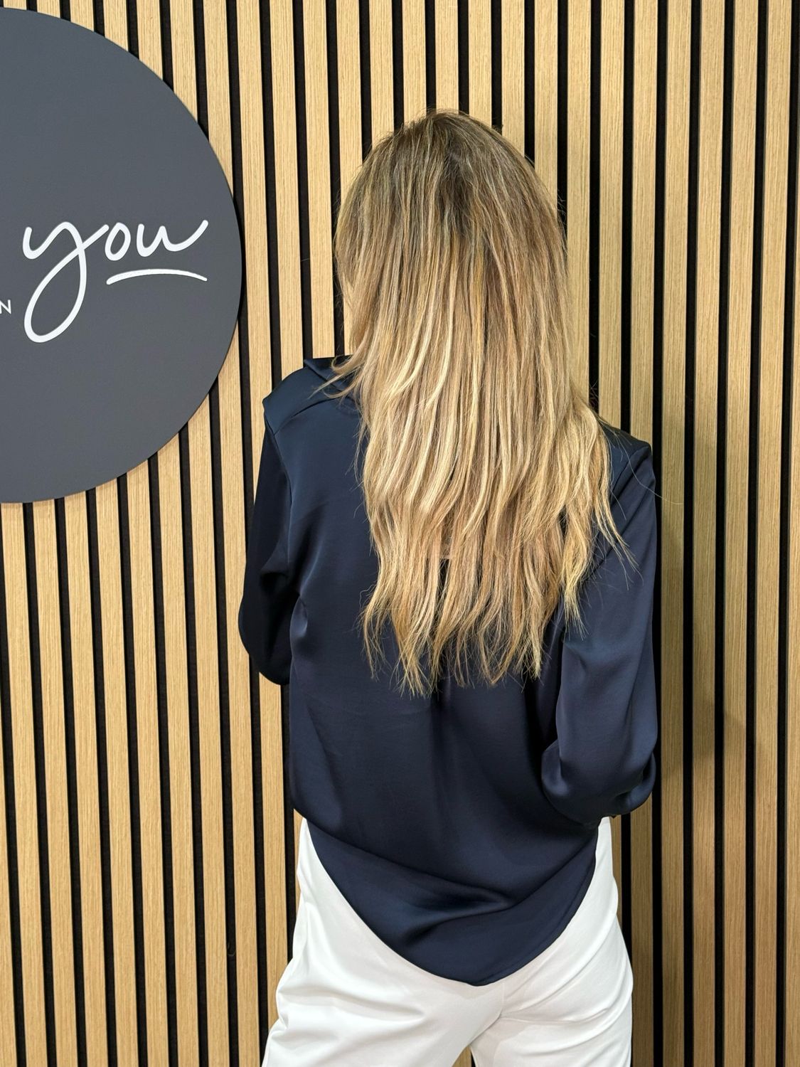 Satin V Neck Blouse - Navy