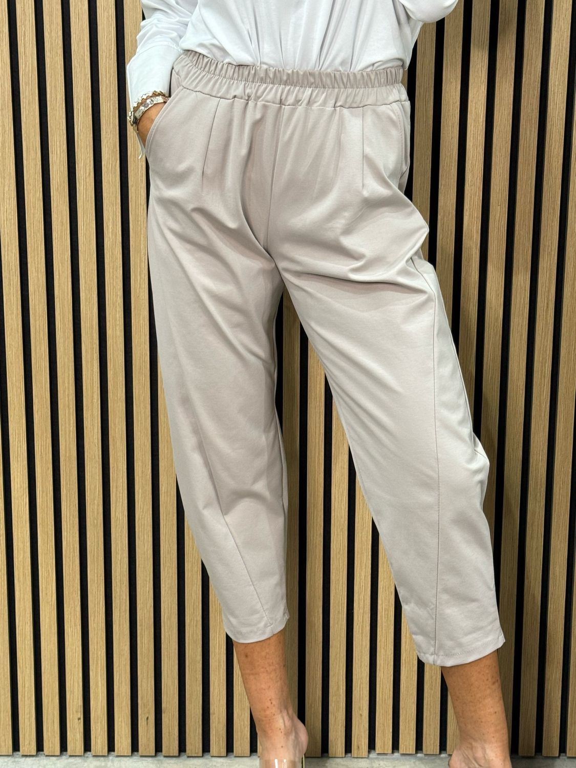 Elasticated Waist Cropped Trousers - Stone