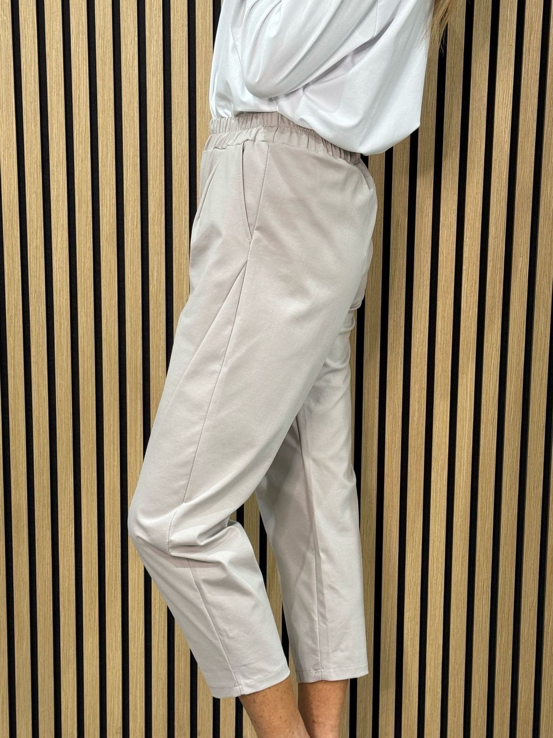 Elasticated Waist Cropped Trousers - Stone