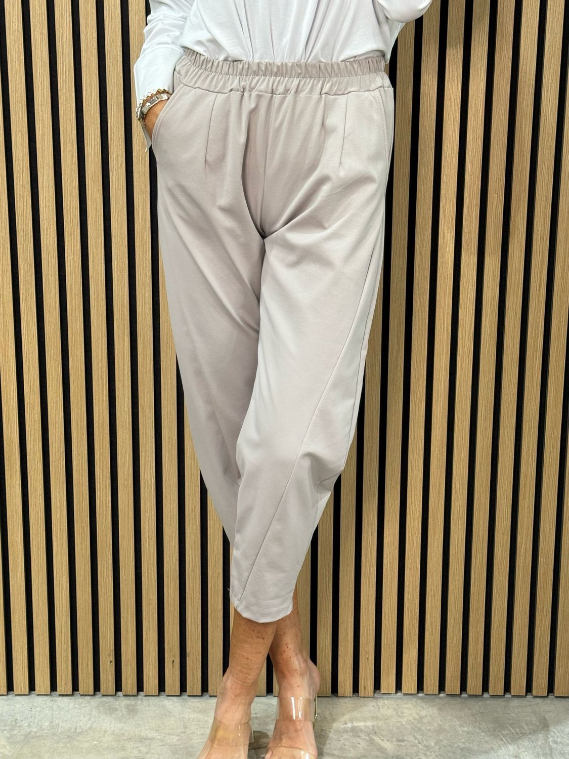 Elasticated Waist Cropped Trousers - Stone