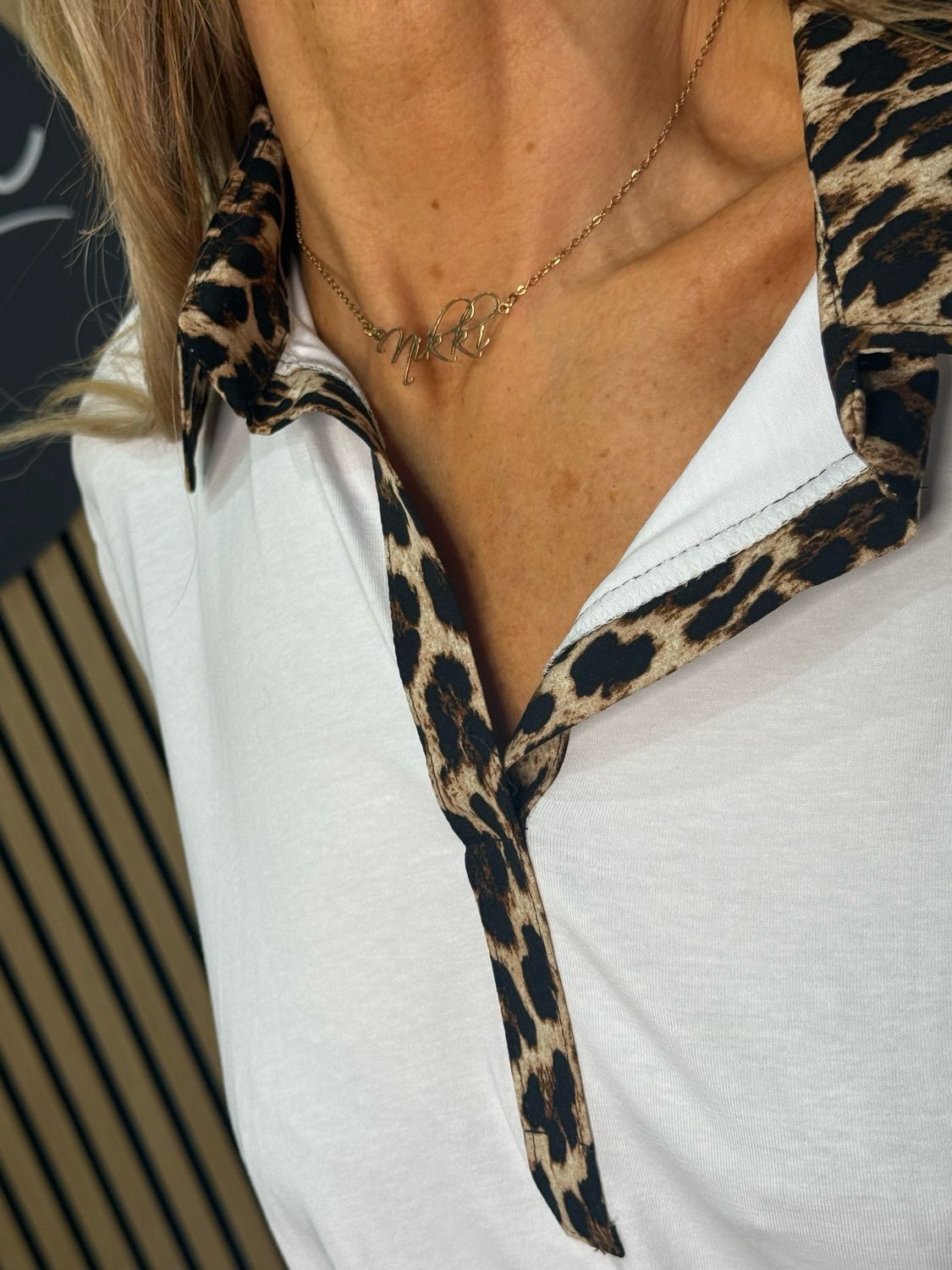 Classic V Neck Shirt - White Leopard