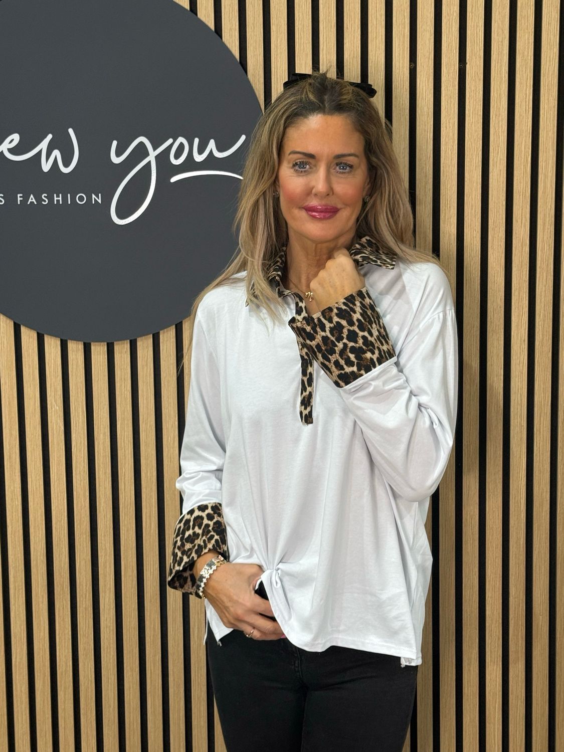 Classic V Neck Shirt - White Leopard