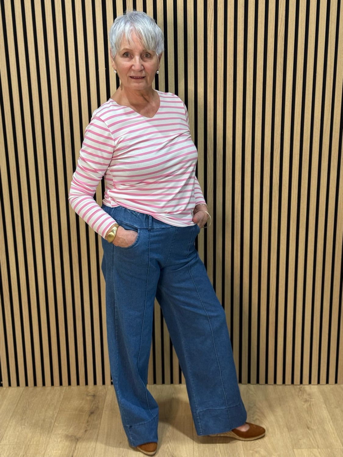 Wide Leg Stretch Denim Trousers