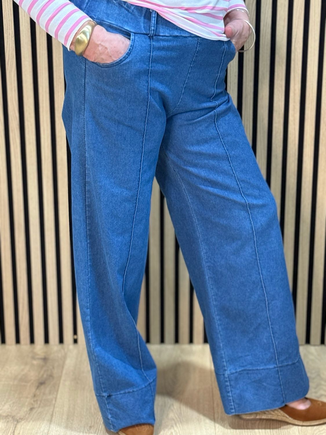 Wide Leg Stretch Denim Trousers