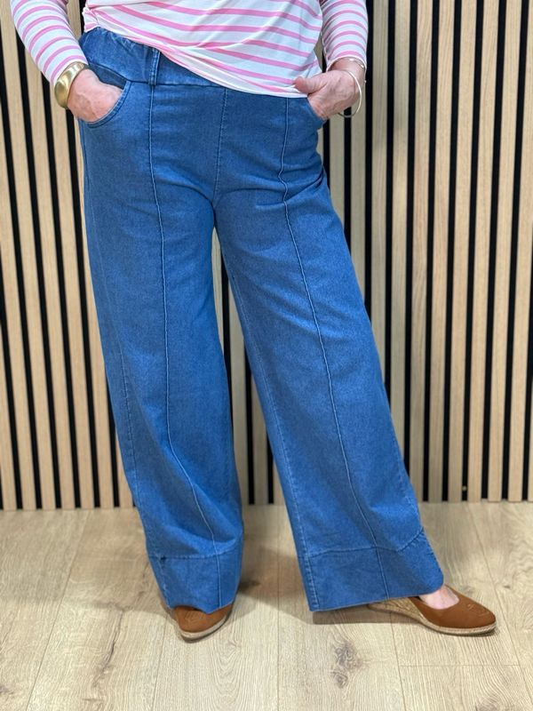 Wide Leg Stretch Denim Trousers