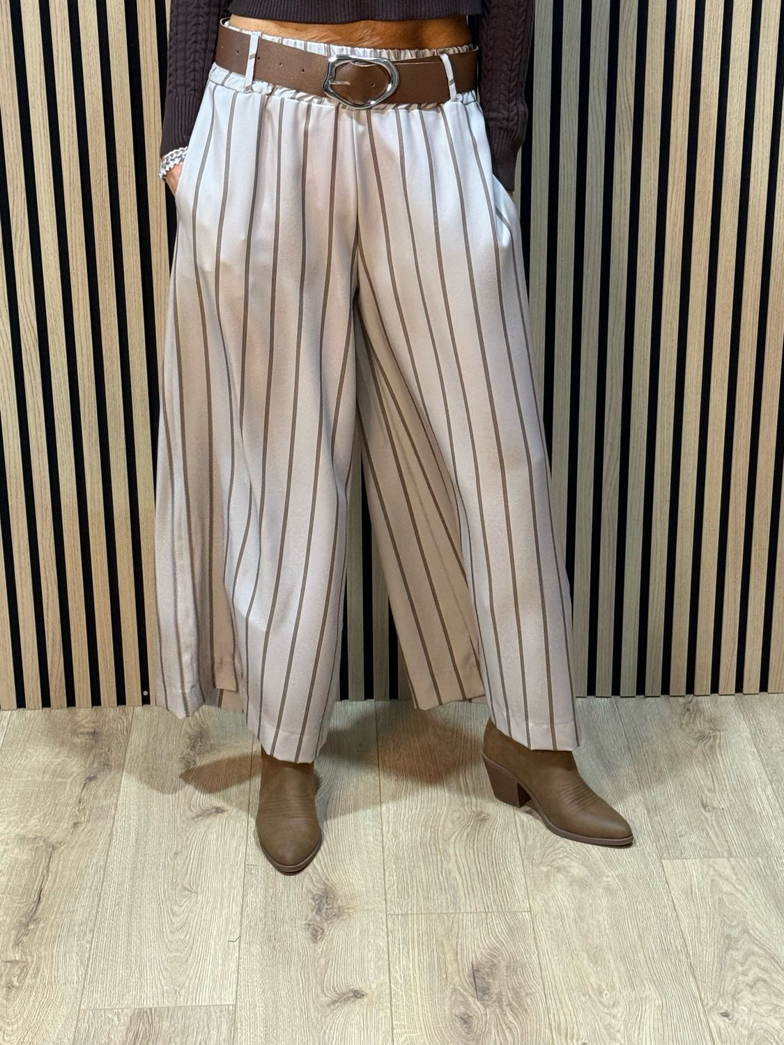 Pinstripe Wide Leg Trousers - Mocha