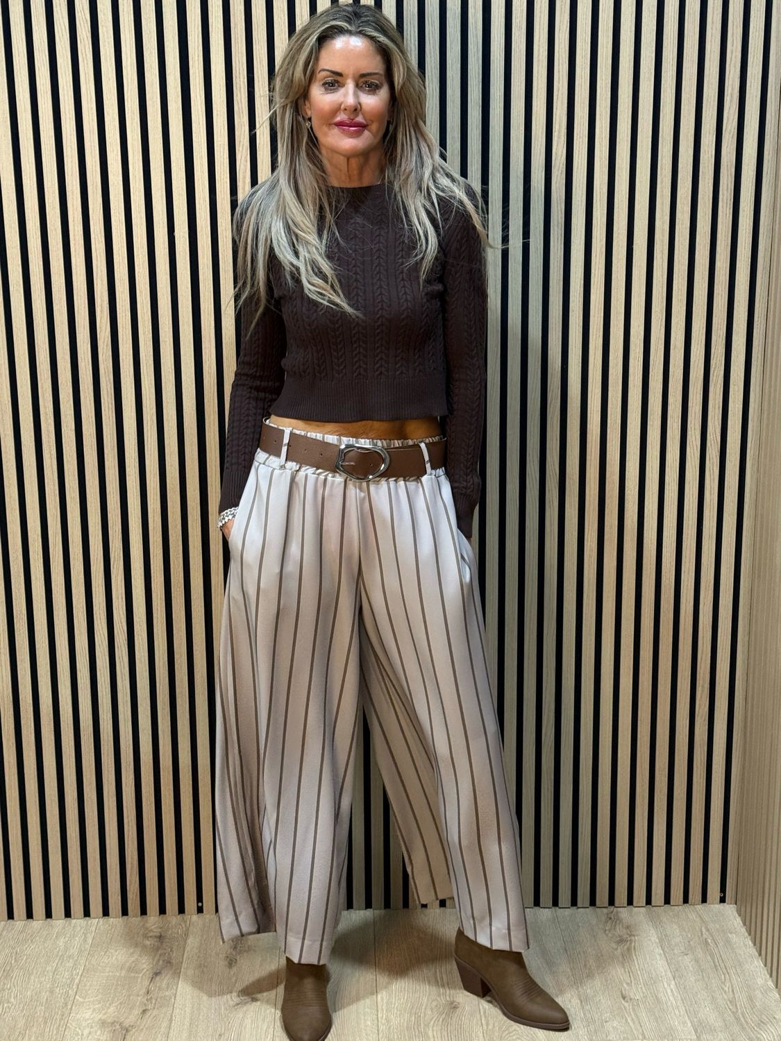 Pinstripe Wide Leg Trousers - Mocha
