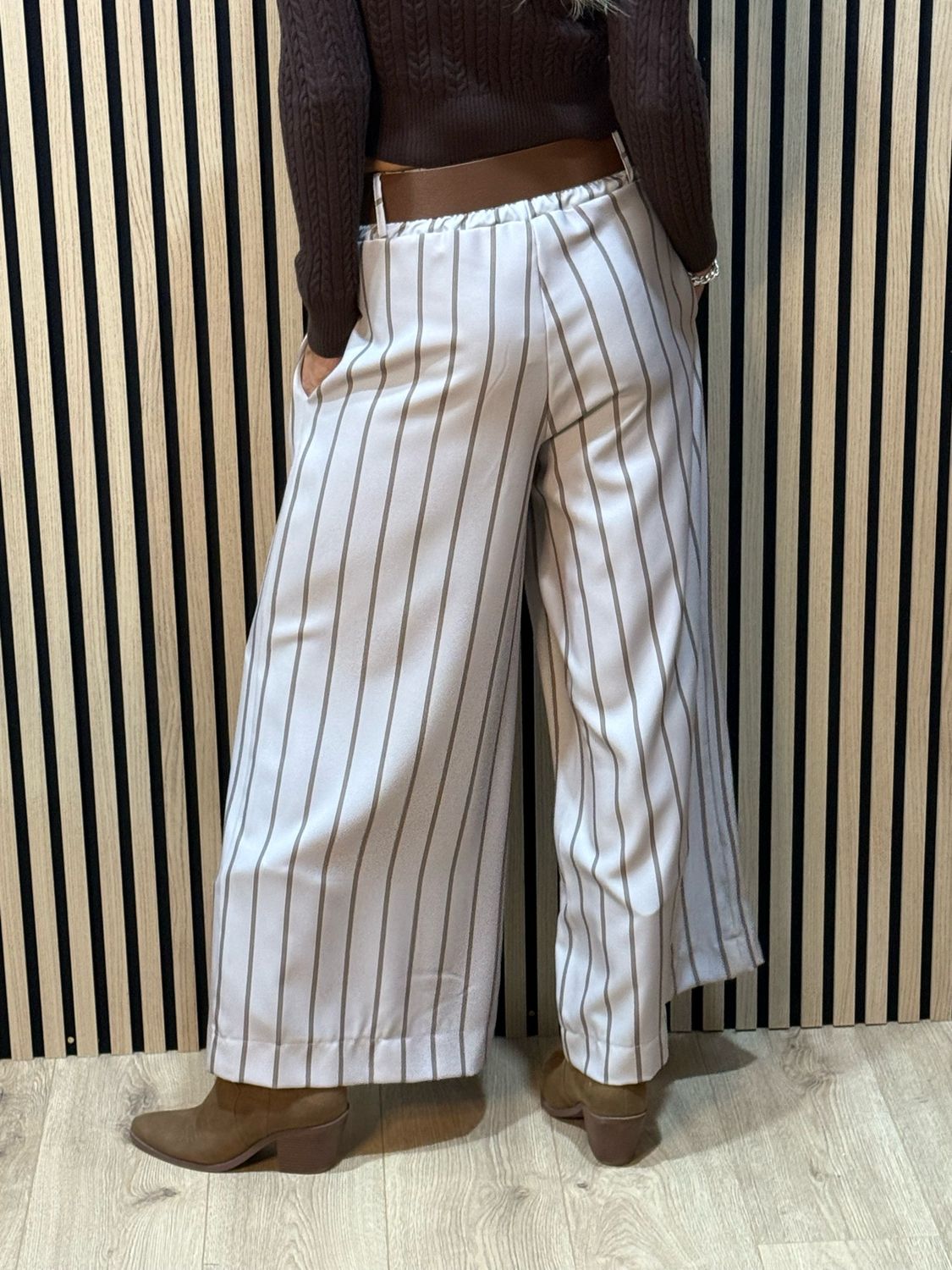 Pinstripe Wide Leg Trousers - Mocha