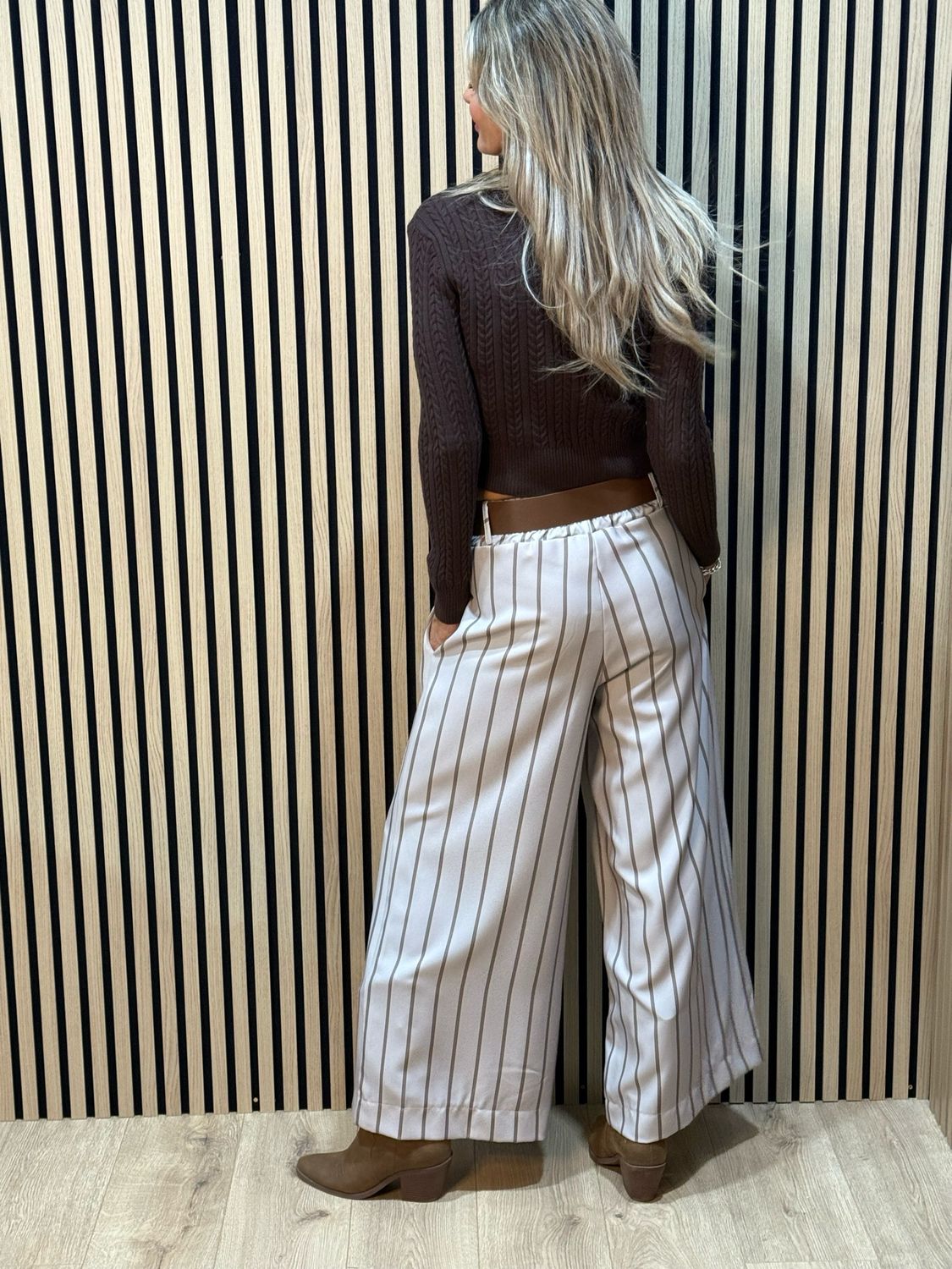Pinstripe Wide Leg Trousers - Mocha