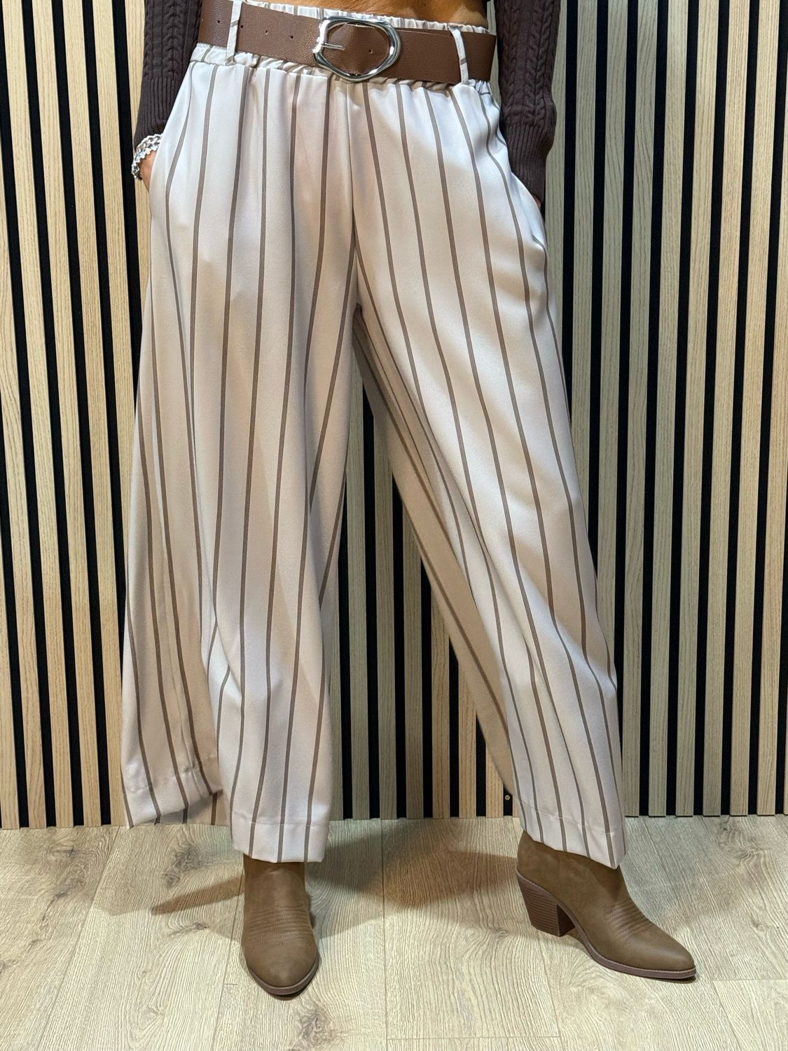 Pinstripe Wide Leg Trousers - Mocha
