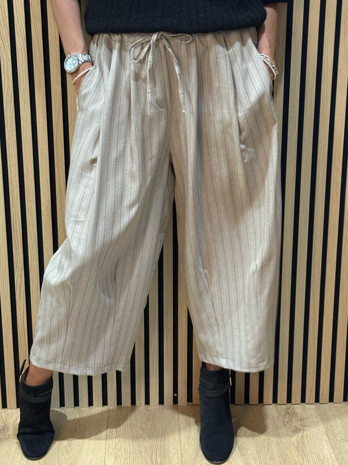 Pinstripe Culotte Trousers - Taupe