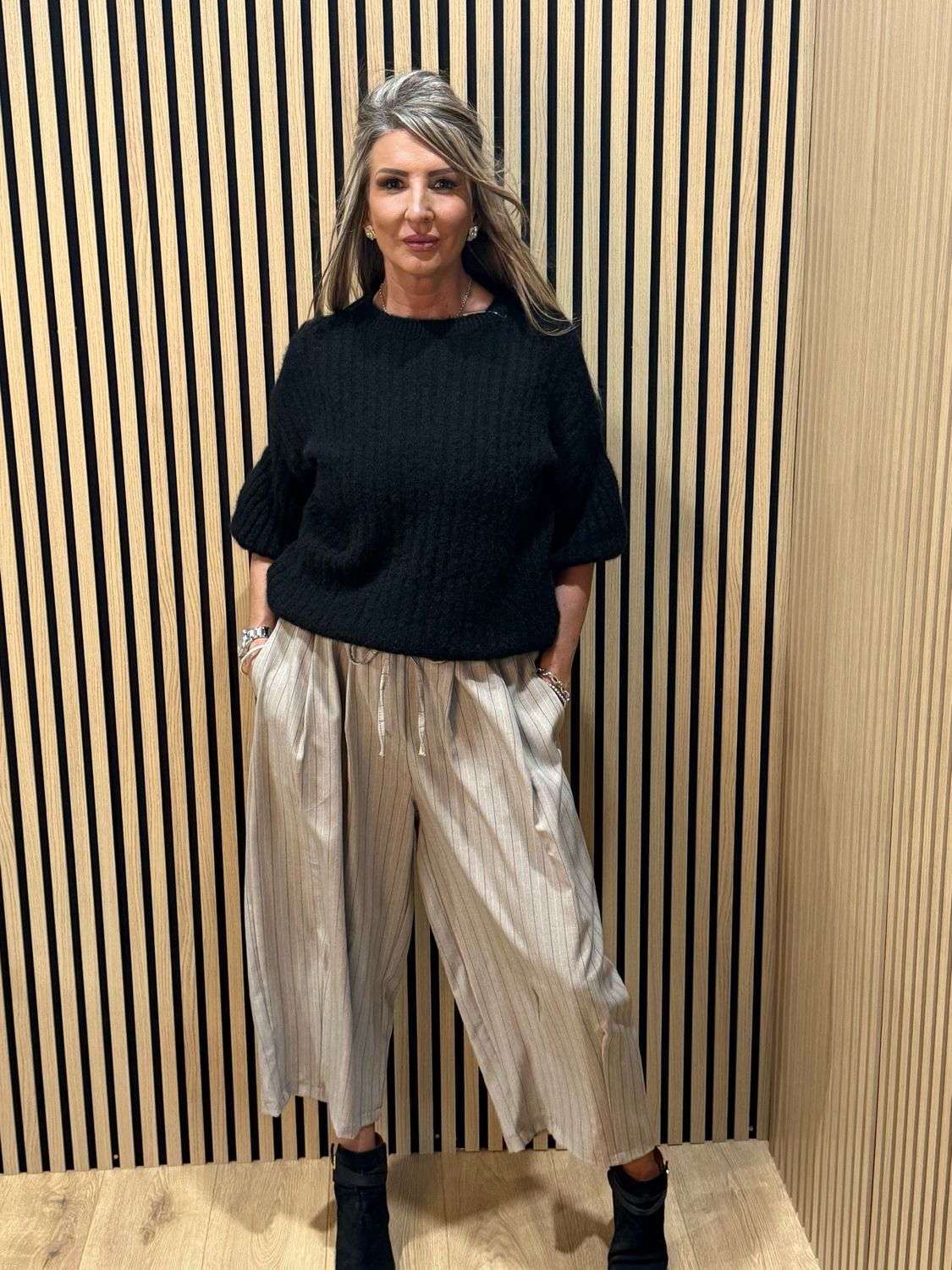 Pinstripe Culotte Trousers - Taupe
