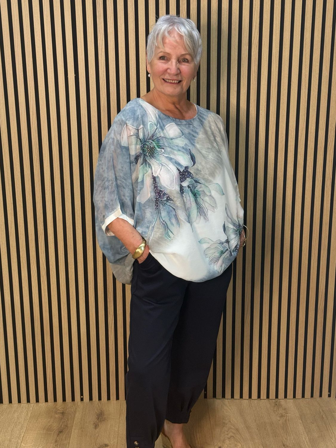 Leaf Print Embellished Top - Blue