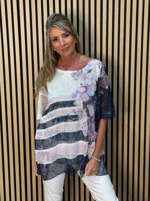 Textured Stripe Print Top - Navy/Pink