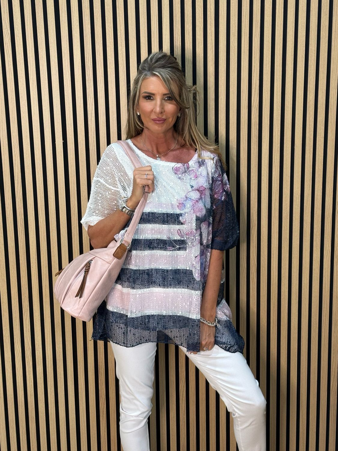 Textured Stripe Print Top - Navy/Pink