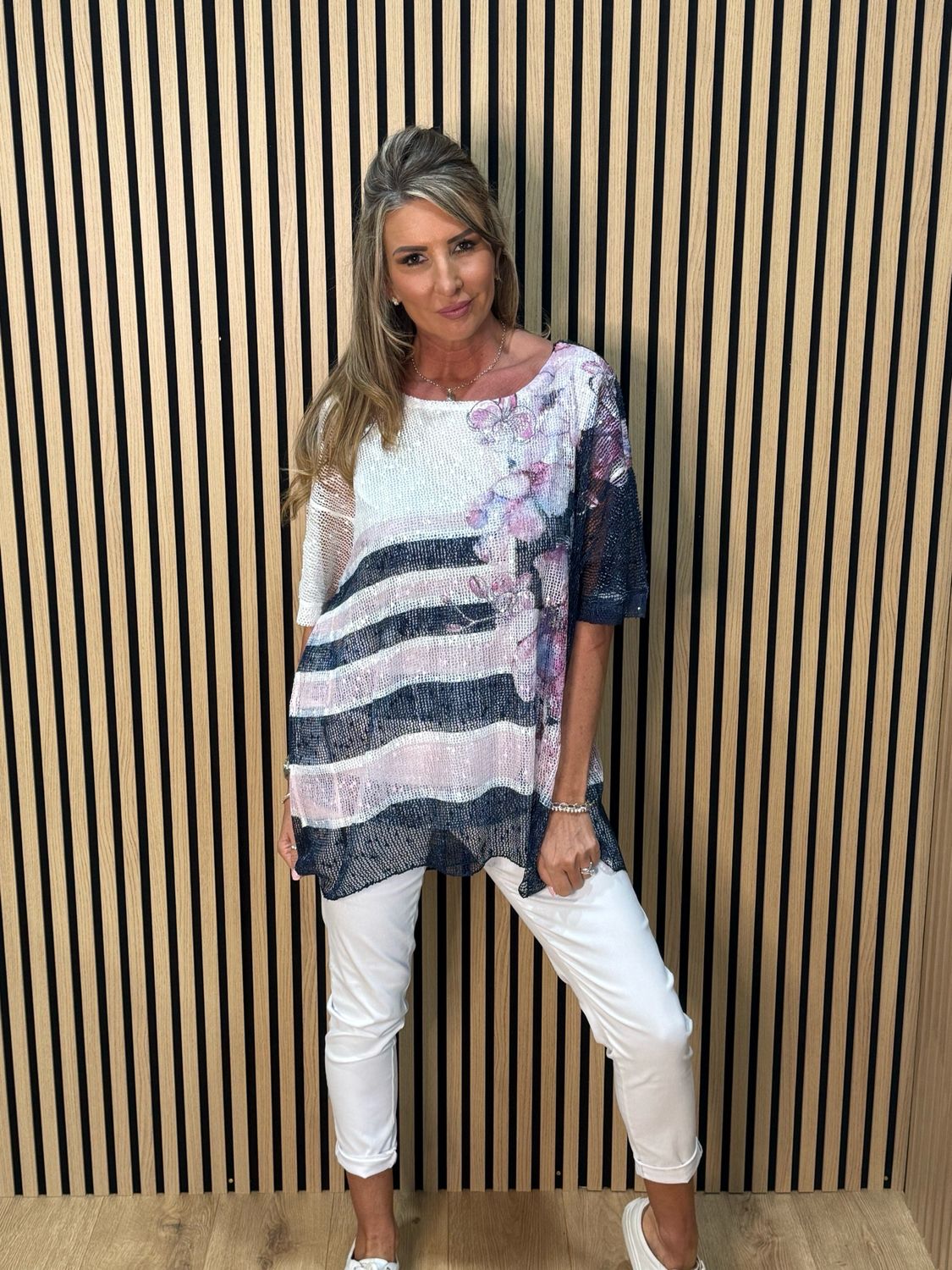 Textured Stripe Print Top - Navy/Pink