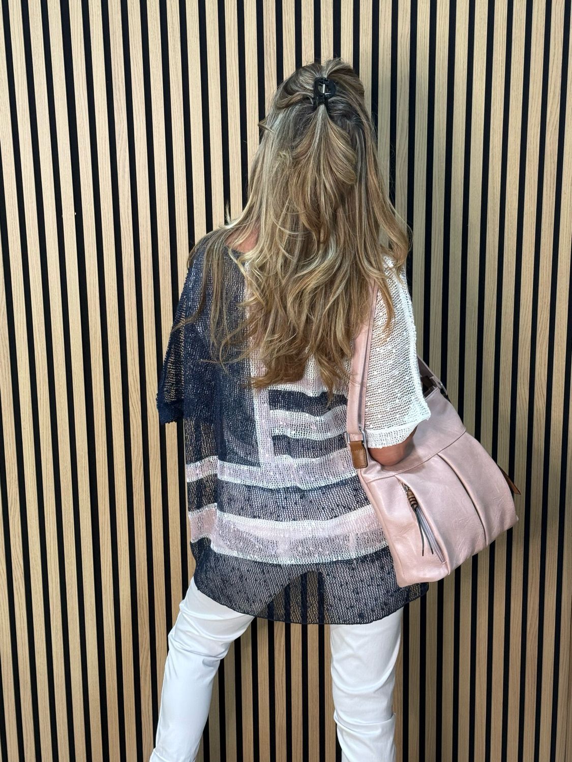 Textured Stripe Print Top - Navy/Pink