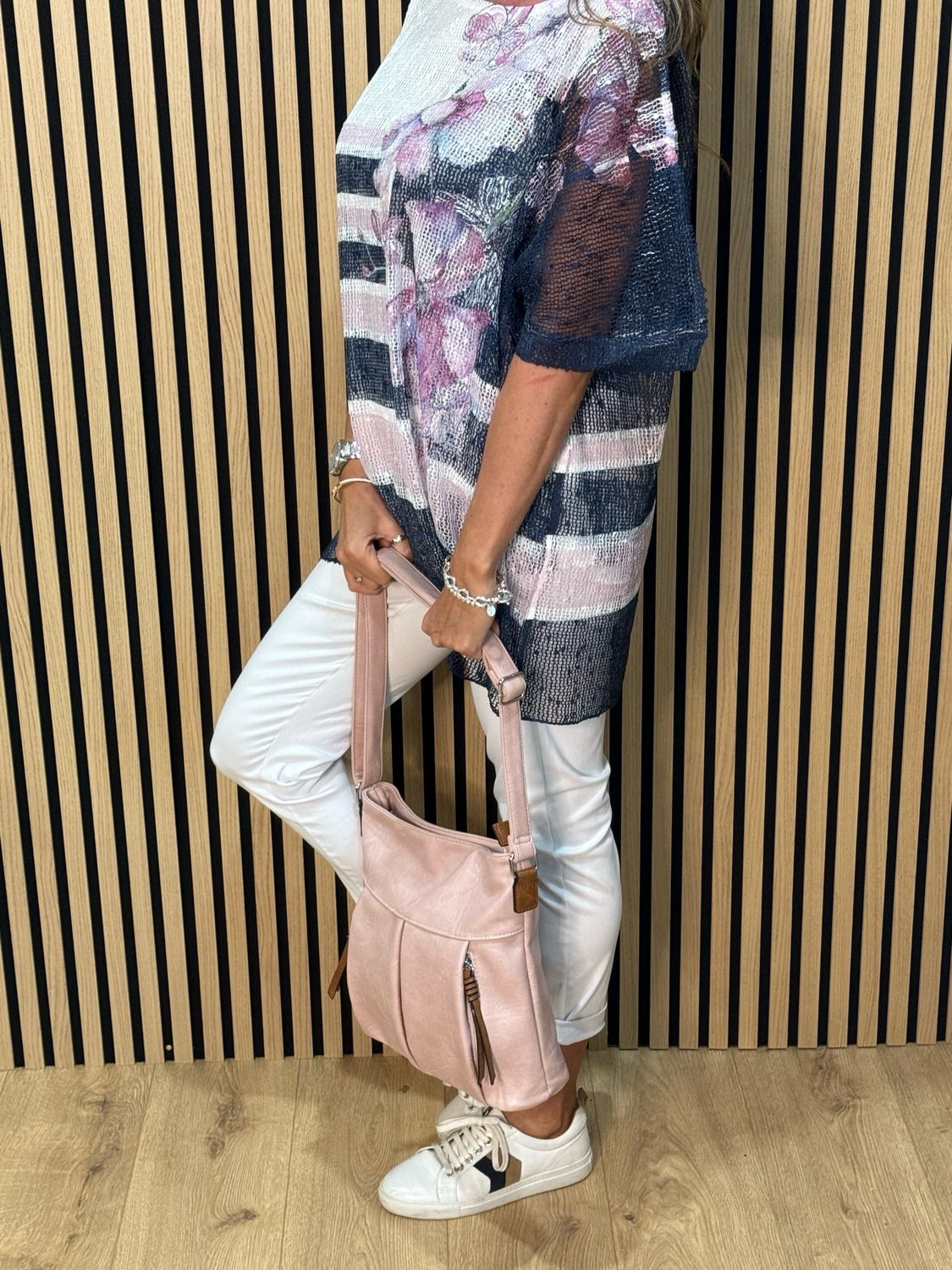 Textured Stripe Print Top - Navy/Pink